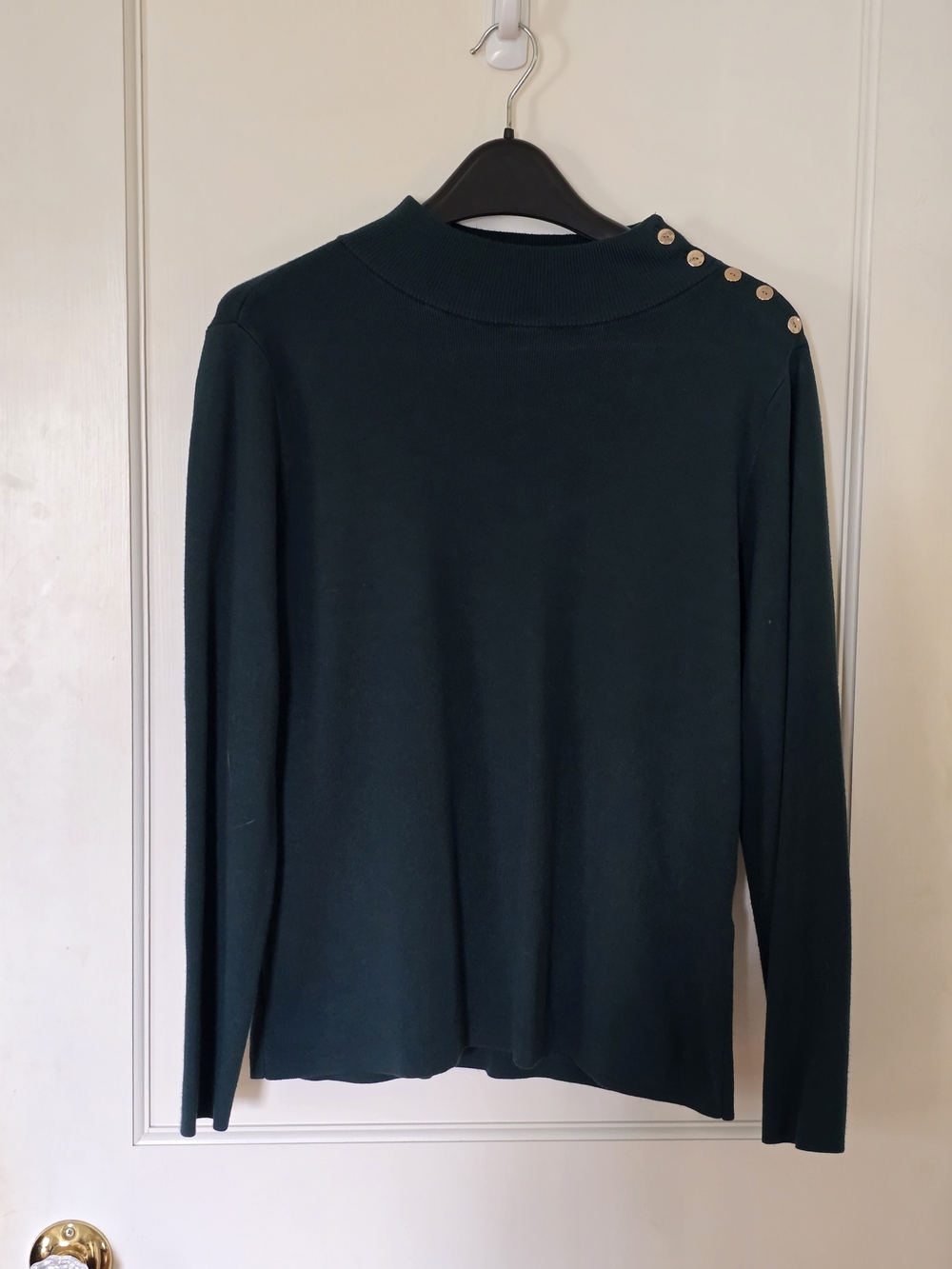 Chico's Forest Green Long Sleeve Sweater Top with Gold Shoulder Buttons